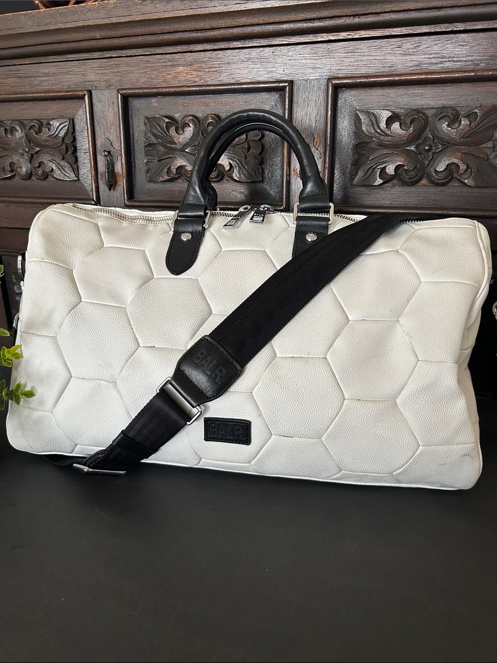 White Quilted Hexagon Duffel Bag with Black Trim